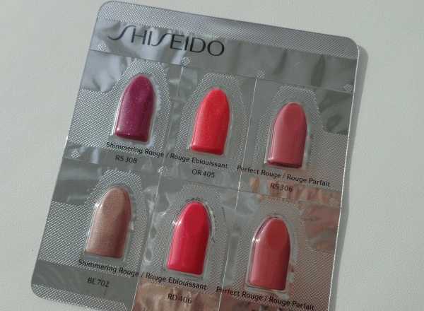 Набор образцов губной помады Shiseido Shimmering Rouge (оттенки RS308, OR405, BE702, RD406) &amp; Perfect Rouge (оттенки RS306, RD732) фото