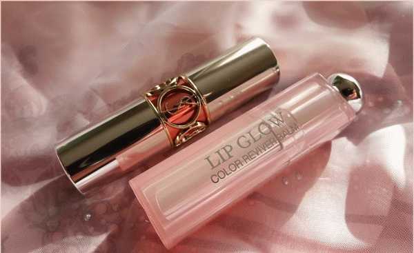 Красивые губы с YSL Volupte Sheer Candy Glossy Lip Balm Crystal Color #02, Dewy Papaya &amp; Dior Addict Lip Glow Color Reviver Balm #004, Coral фото